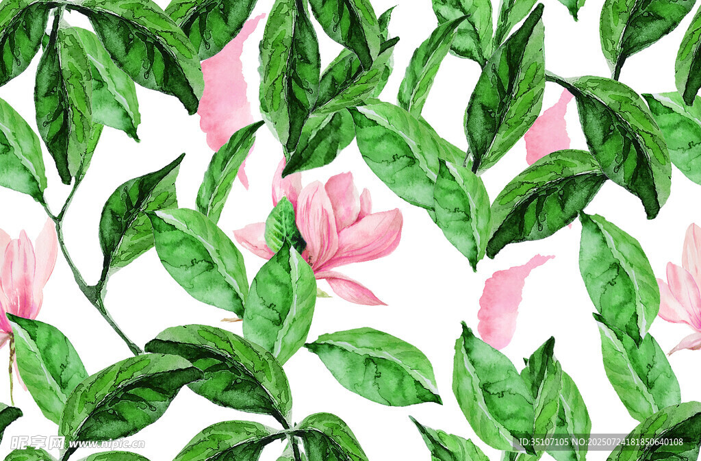 水彩风绿叶与粉色花朵图案