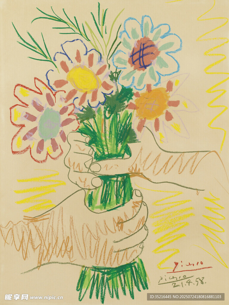 手绘捧花的温馨画面