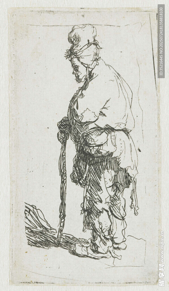 持杖老者素描画像