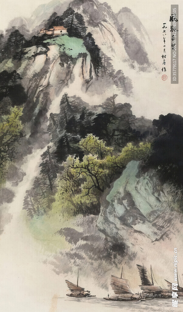  江水意境水墨画
