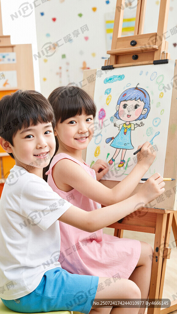 男孩和女孩小画家卡通画 有画架