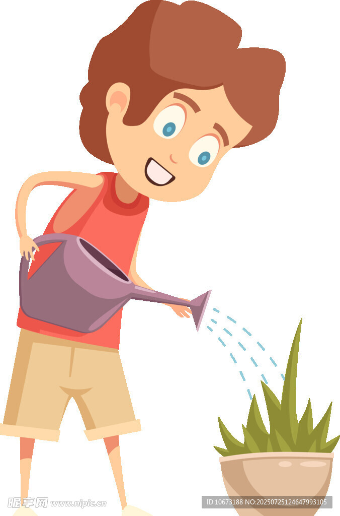 男孩给绿植浇水