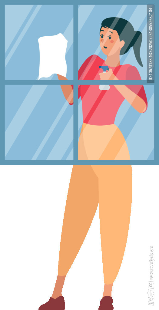 女子专注擦拭窗户
