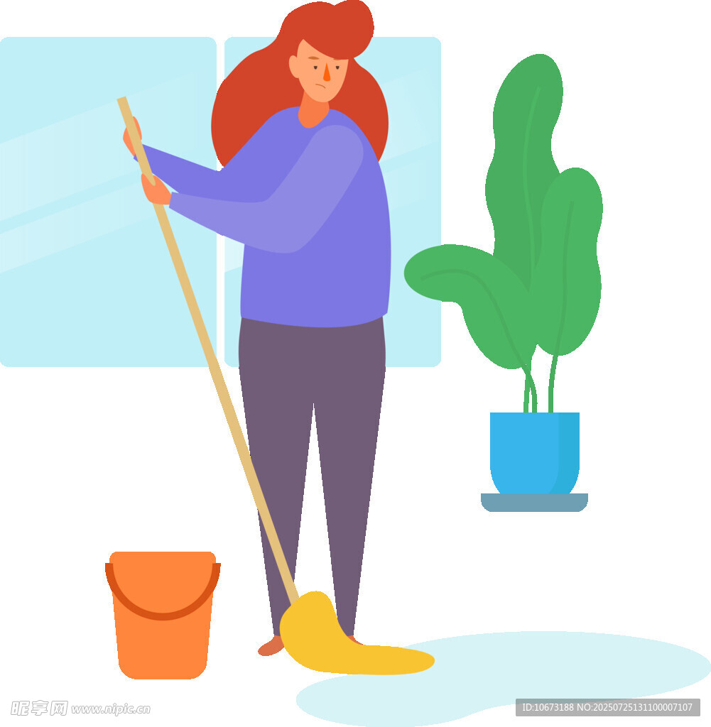 女性手持拖把专注清洁