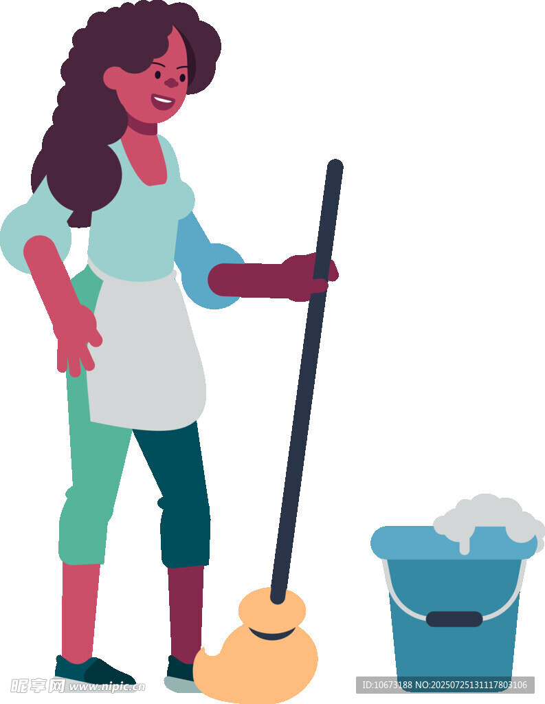 女性清洁工手持工具准备打扫