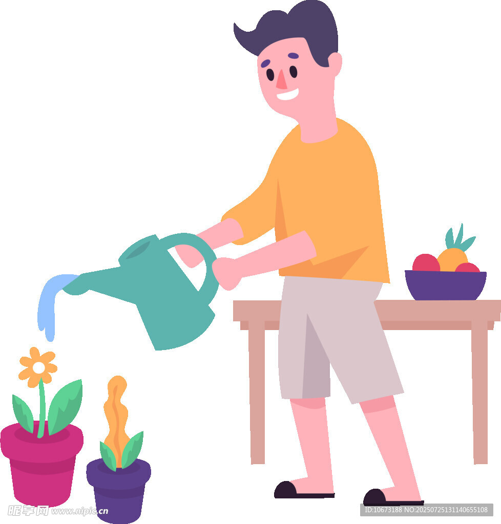 男子专注浇花场景