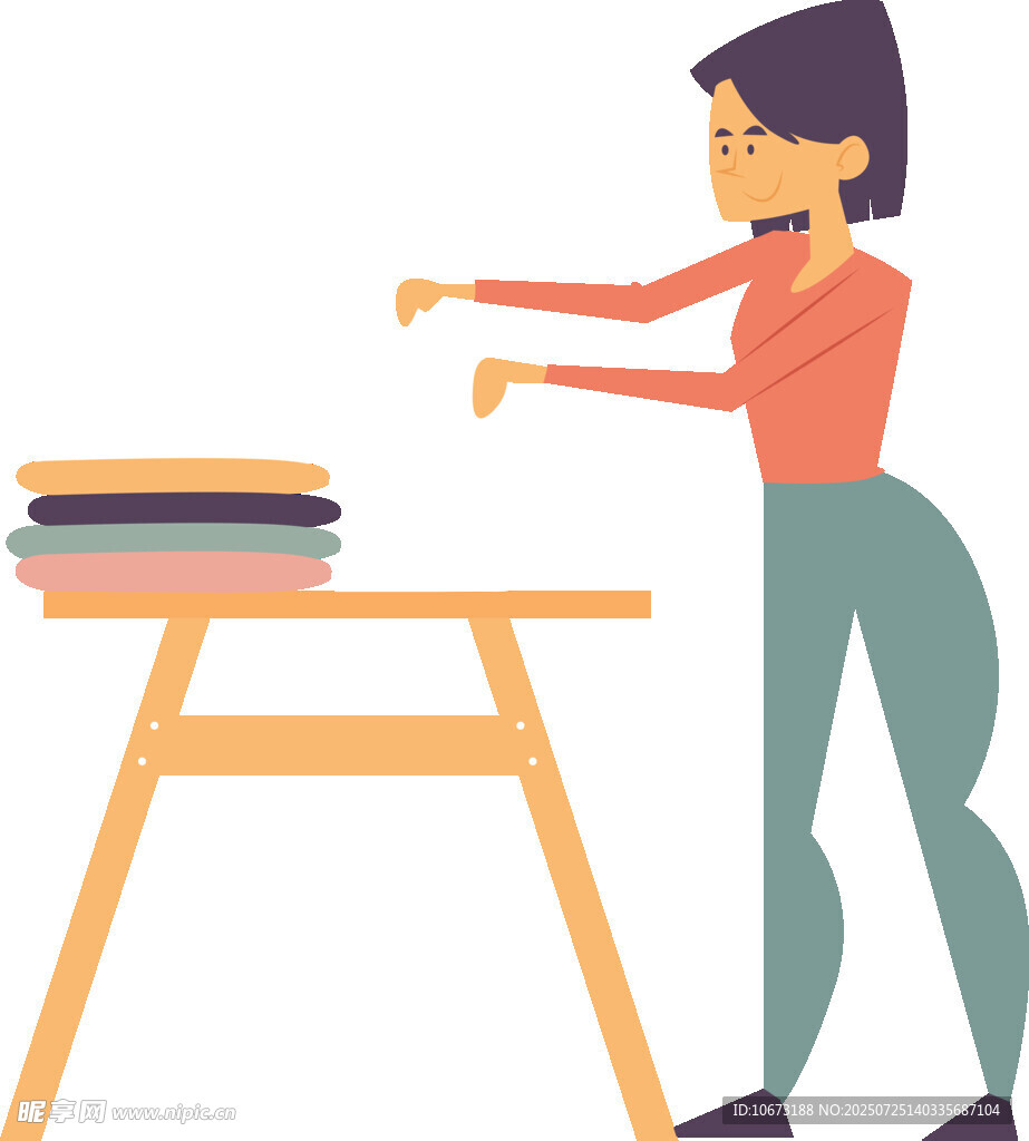 女子桌边整理堆叠衣物