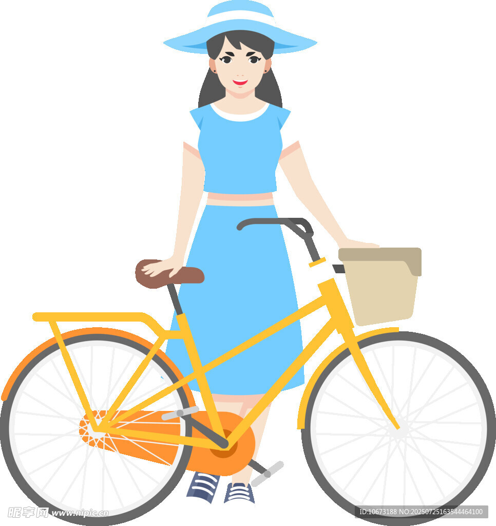 蓝裙女子与黄色自行车