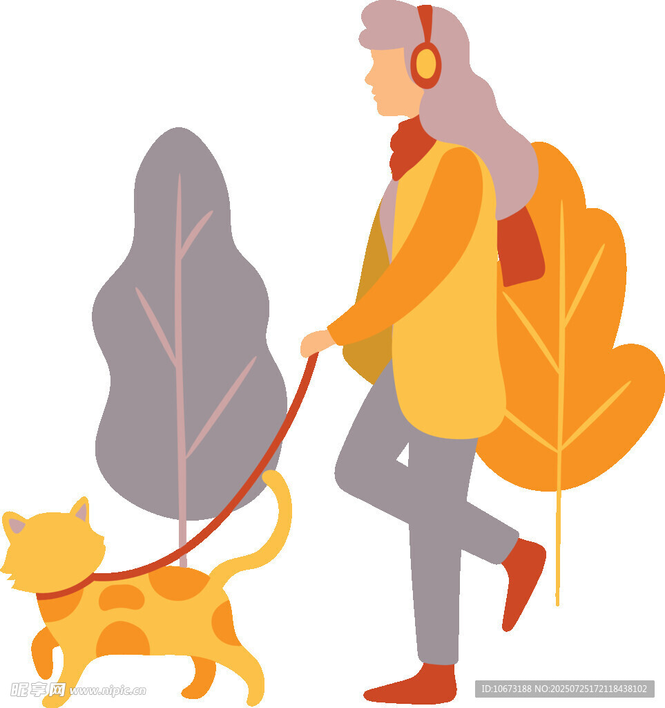 秋日女子牵猫漫步