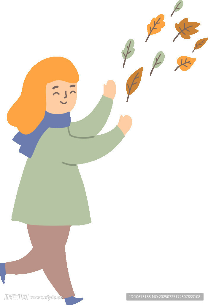 女孩欢快抛洒秋日落叶
