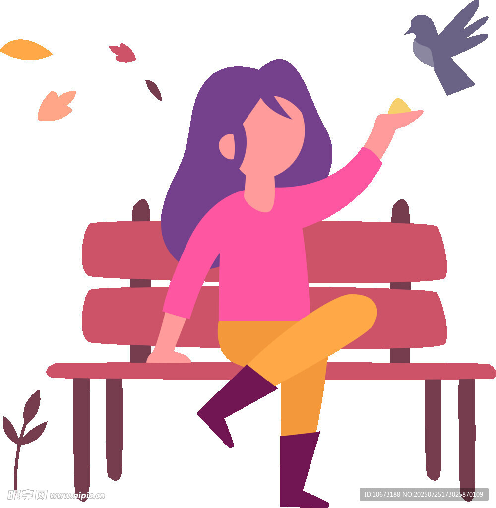 女孩长椅上喂鸟享秋日时光