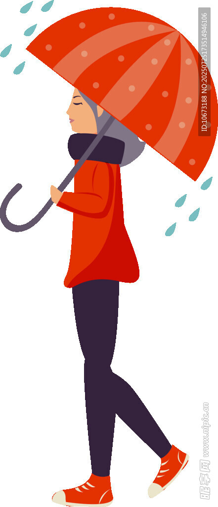 雨中撑伞行走的红衣女子