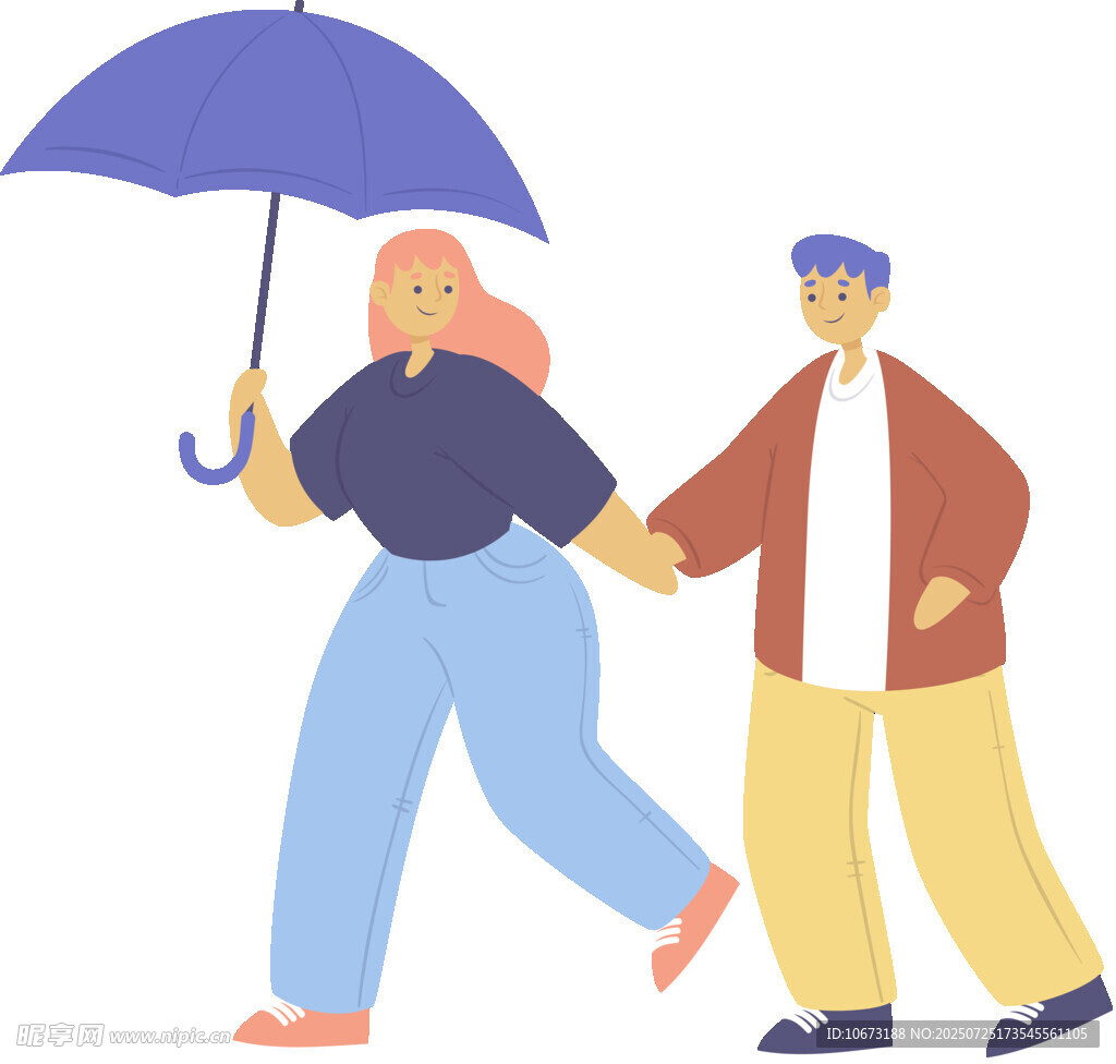 雨中牵手漫步的男女