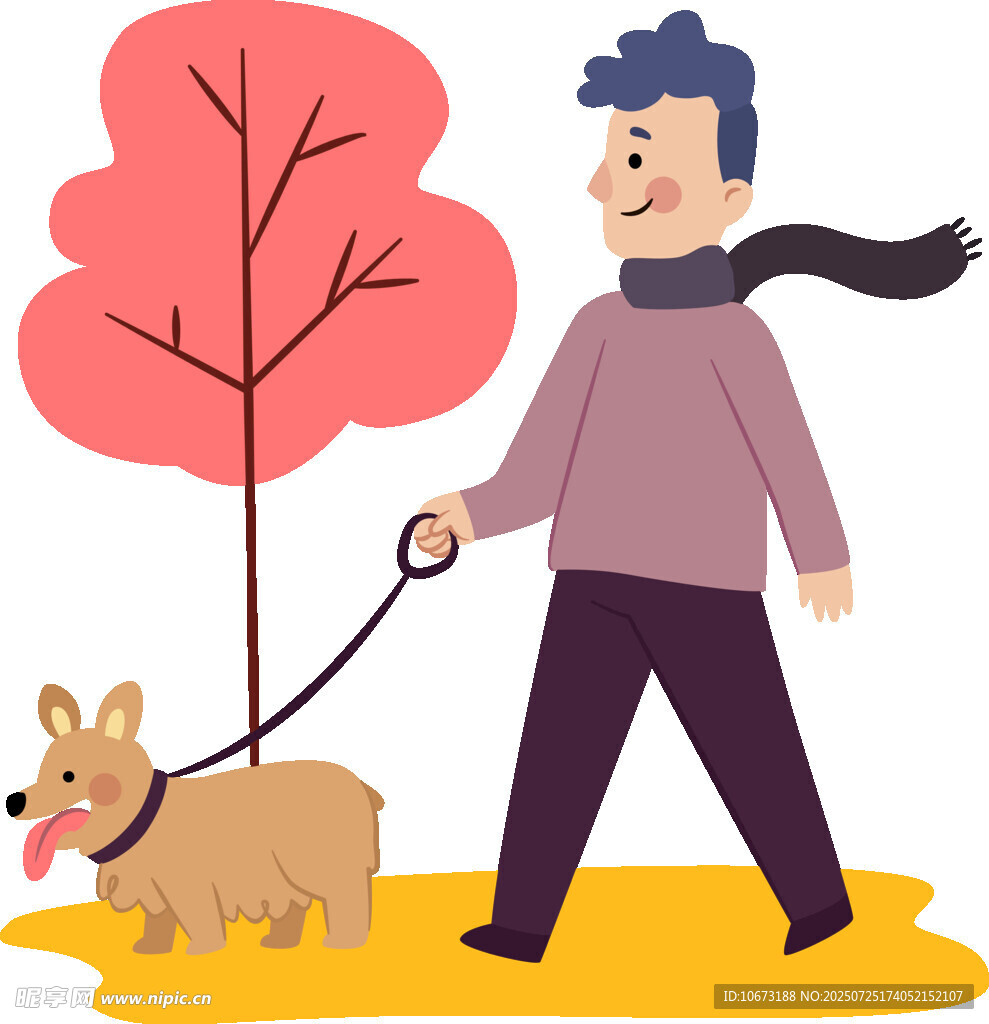 男子秋日牵狗惬意漫步