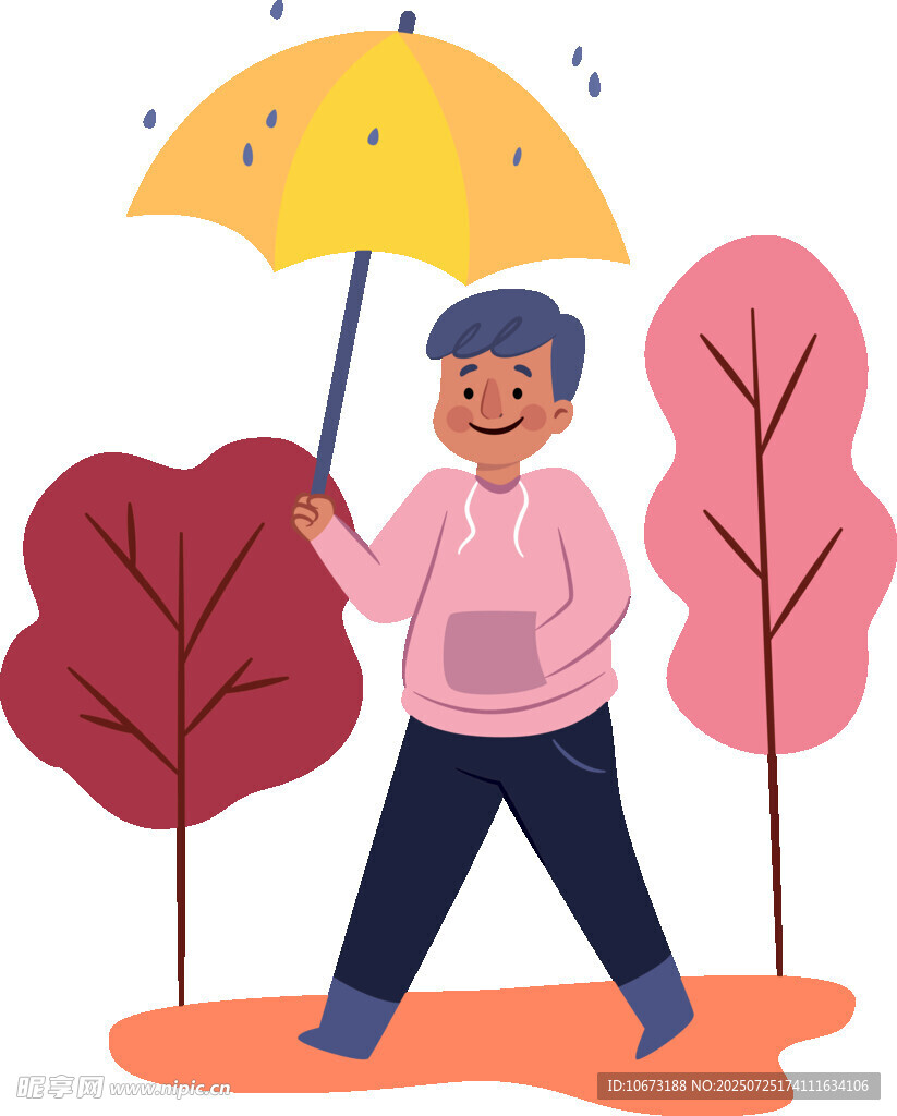 雨中撑伞漫步的男子