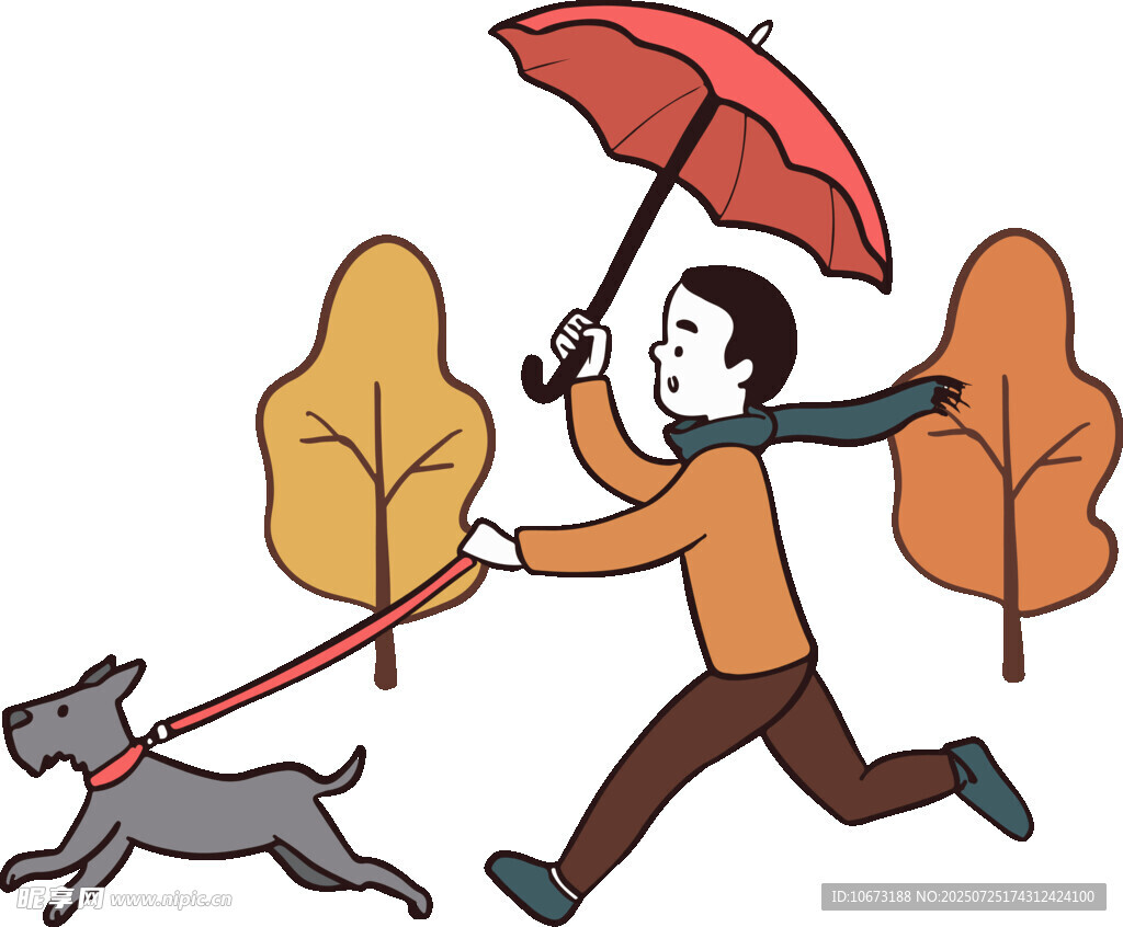 雨中牵狗奔跑的人