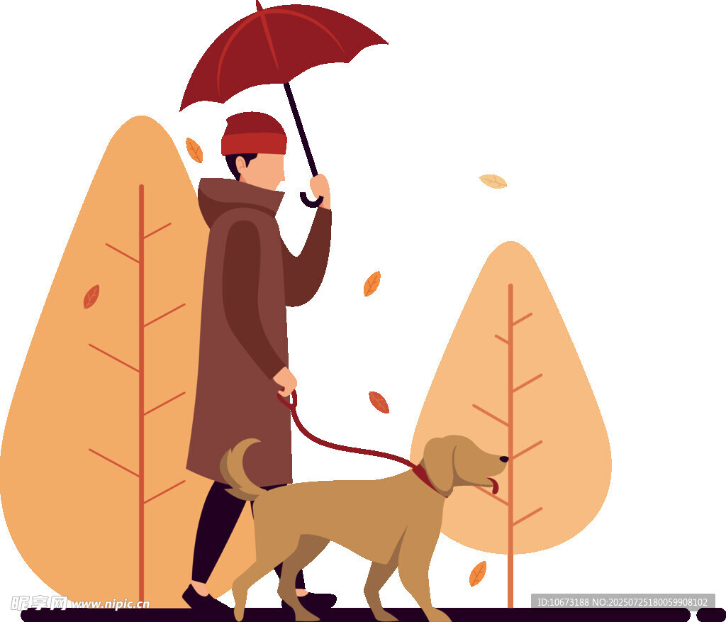 秋日雨中遛狗的温暖场景