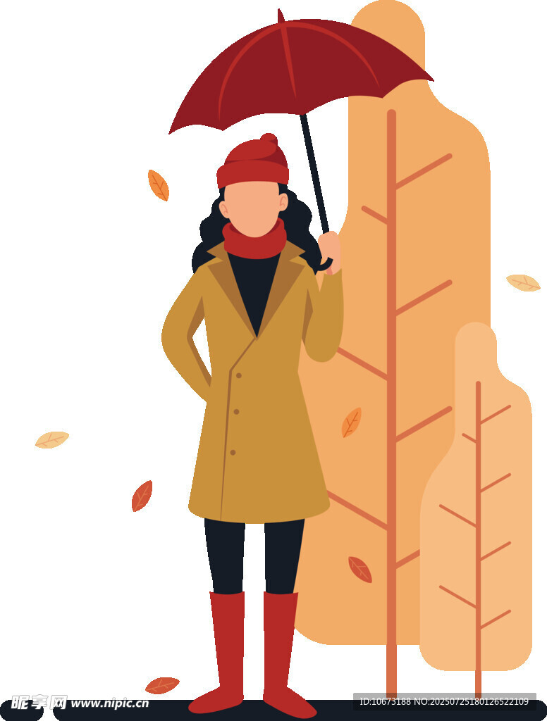 秋日撑伞女子漫步落叶间