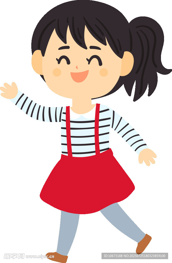 快乐小女孩穿着背带裙行走