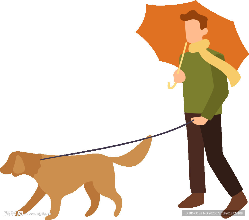 雨中男子牵狗漫步
