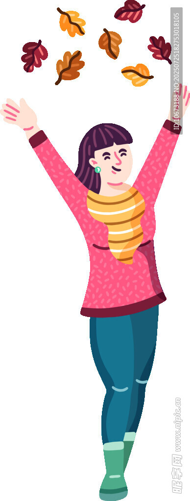 女孩欢享秋日落叶时刻