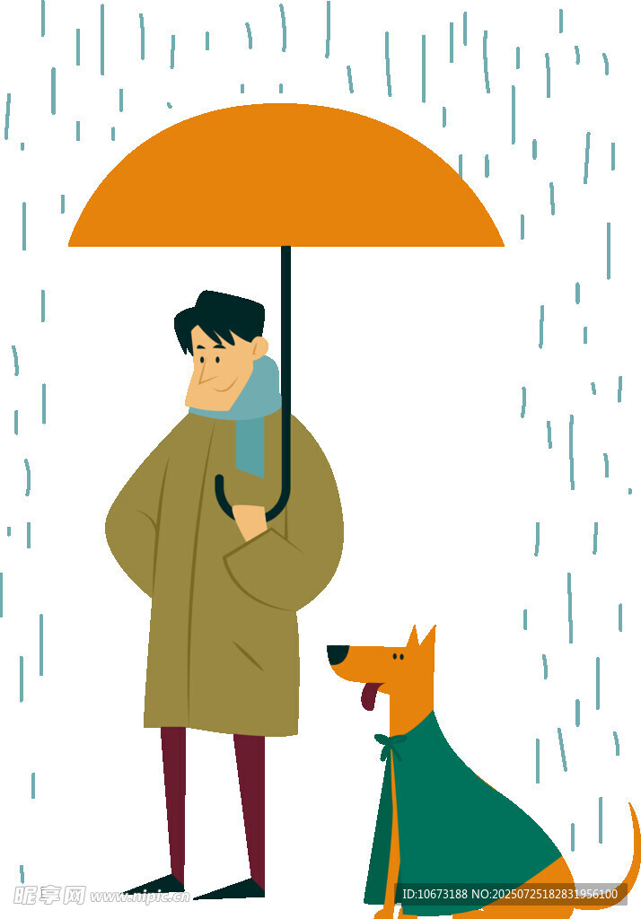 雨中撑伞男士与披雨衣的狗