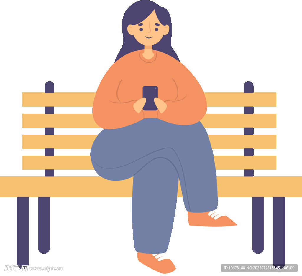 女子坐长椅上惬意玩手机