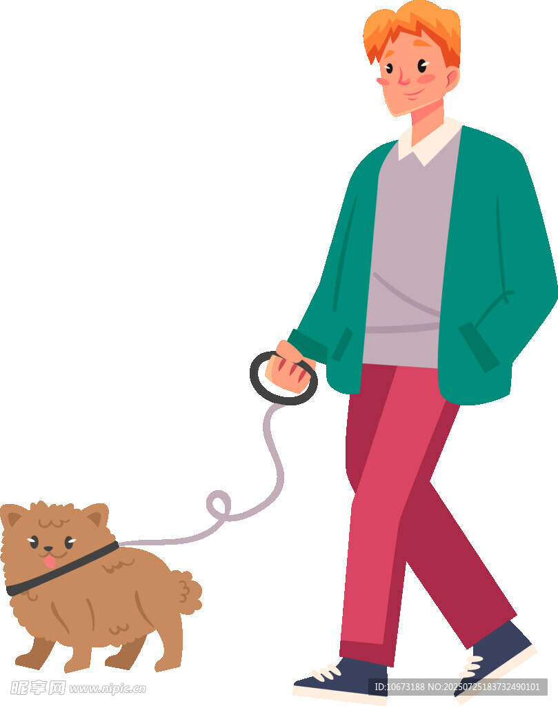 男子牵棕色小狗惬意漫步