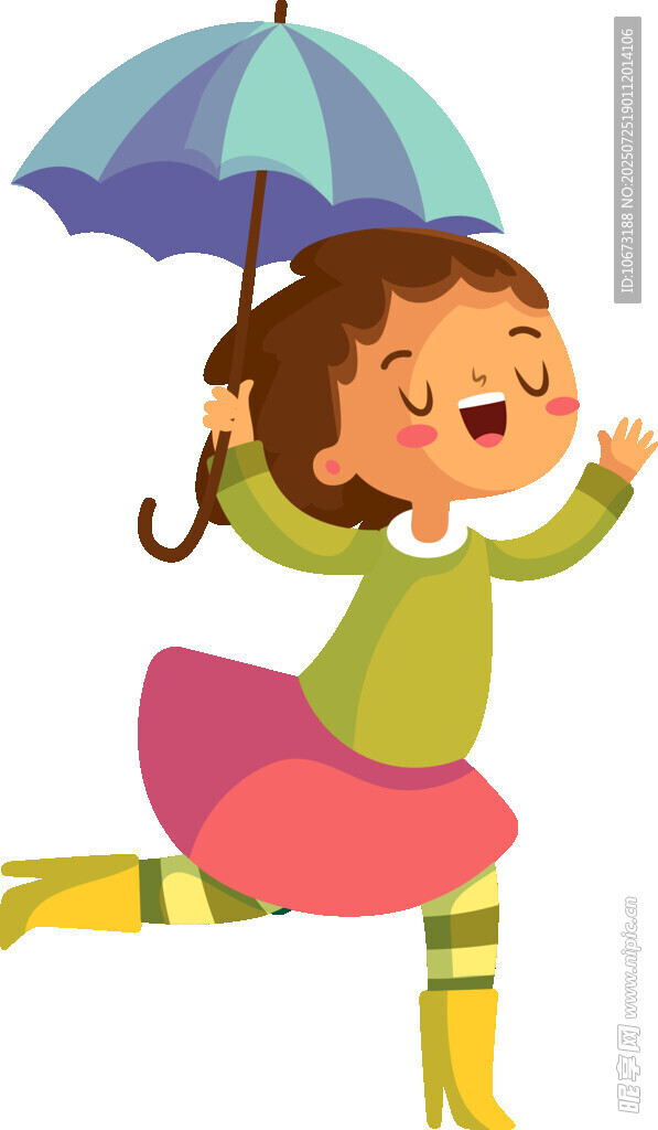 雨中撑伞欢跳的小女孩