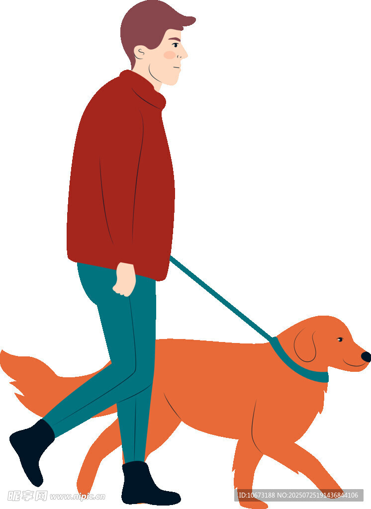 男子牵金毛犬散步