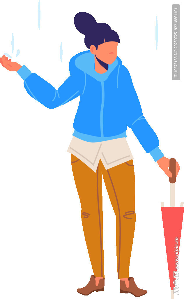 雨中撑伞指路的蓝衣女子