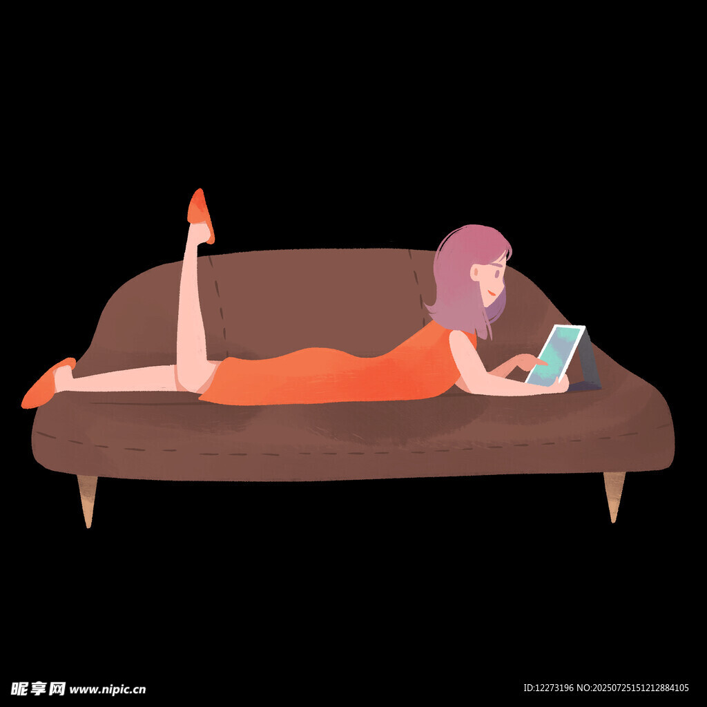 女子惬意躺沙发用笔记本