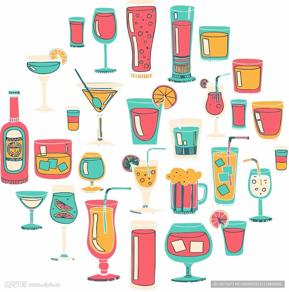 多彩鸡尾酒与酒杯图标集合