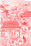 中式古风山水建筑插画