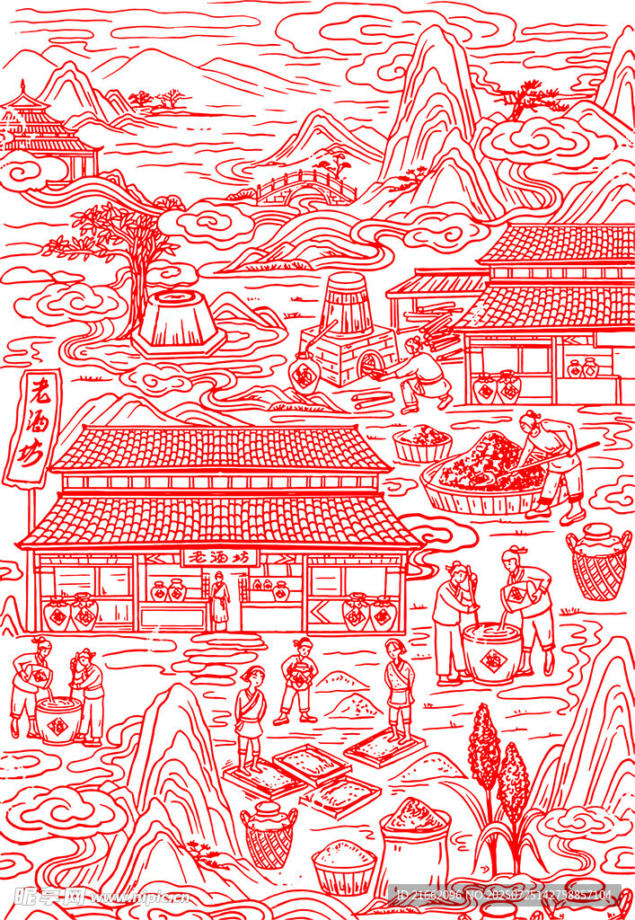 中式古风山水建筑插画