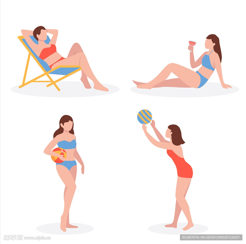 海滩上的多样女性休闲姿态