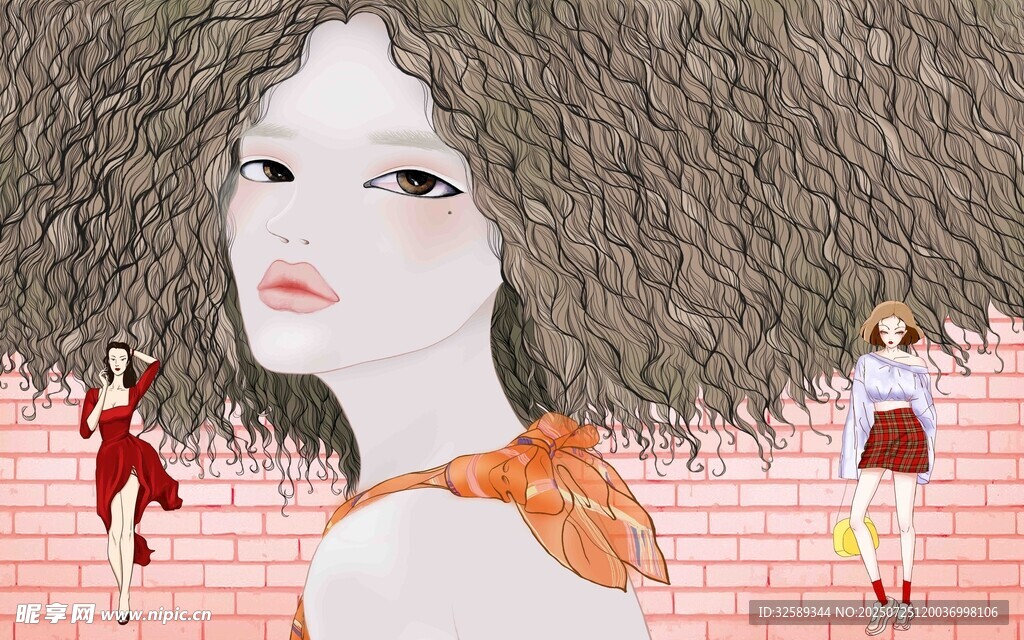 梦幻女孩与背景中的红衣人