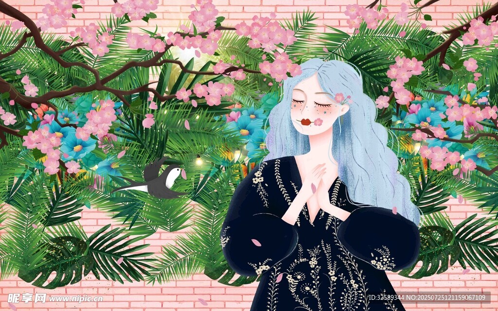 蓝发女子置身繁花绿植间