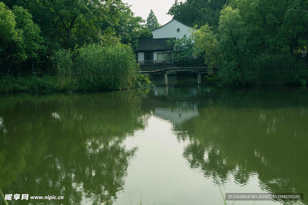 湖畔绿林环绕的静谧小屋