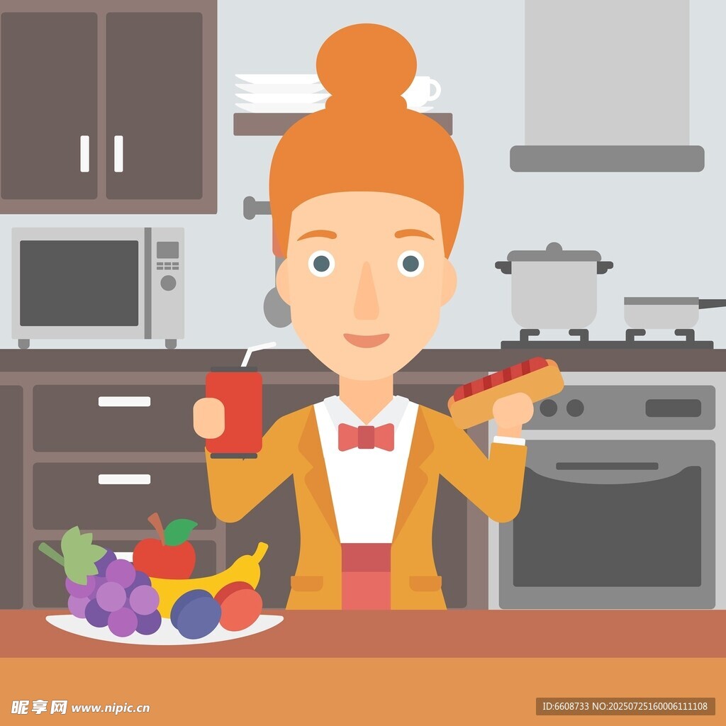 女士厨房享用美食饮品