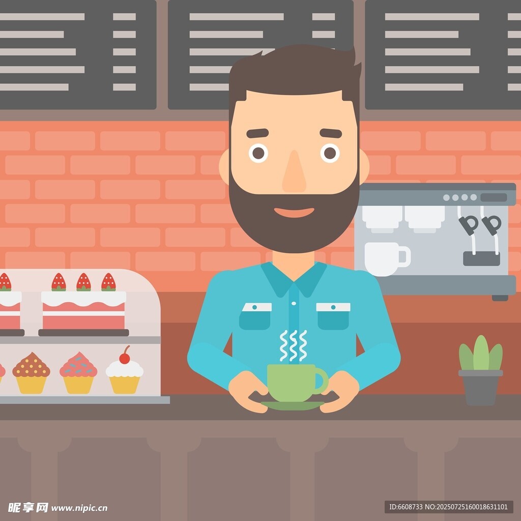 咖啡店员工手持饮品微笑待客