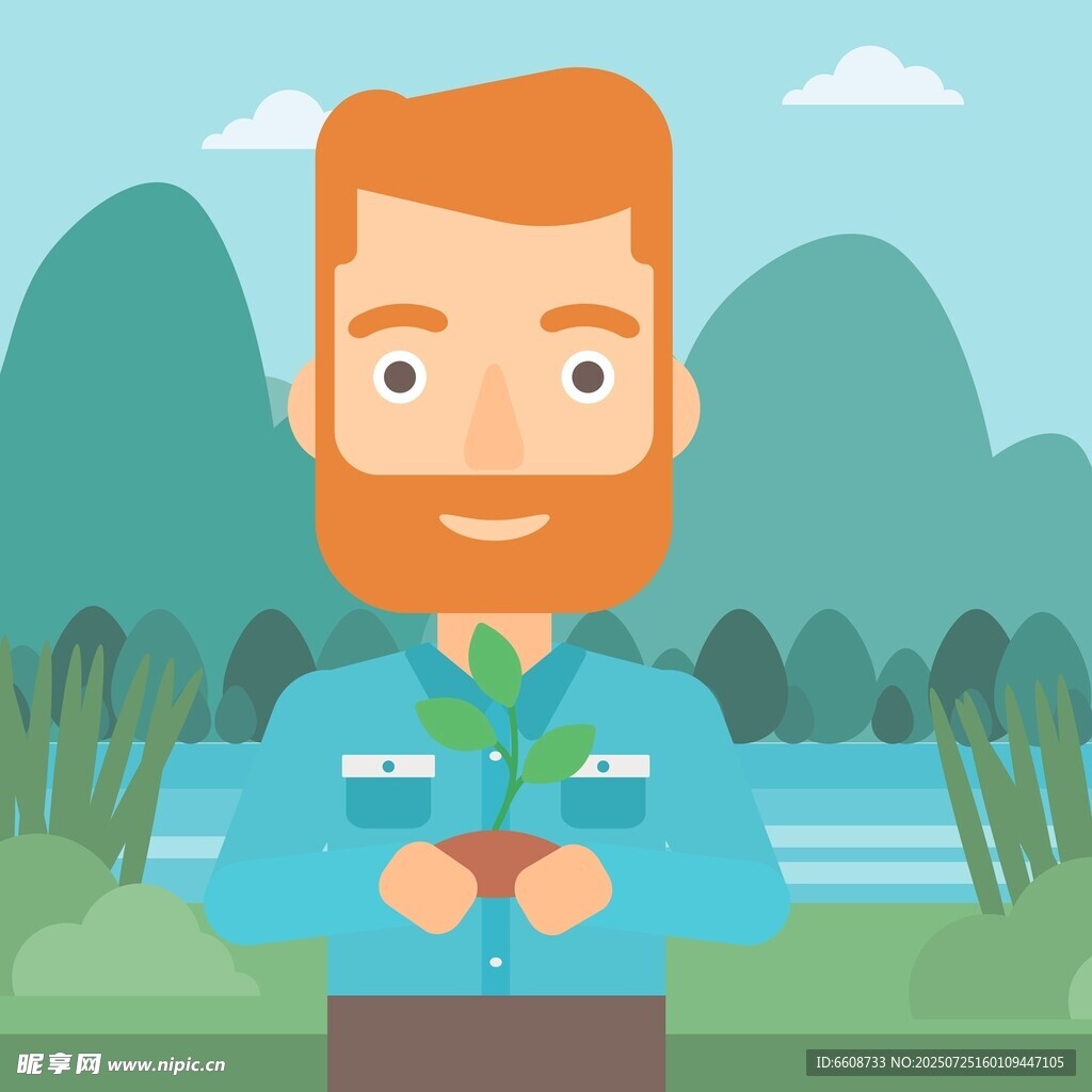 男子捧绿植于山水间
