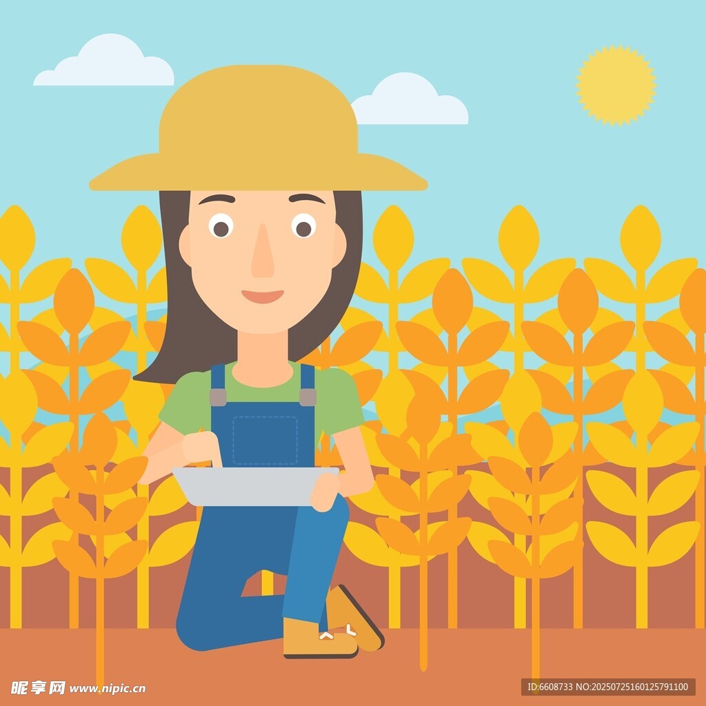 田间女农手持平板劳作