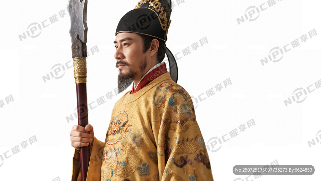 宋代皇帝侧身全身 黄金龙袍飘逸