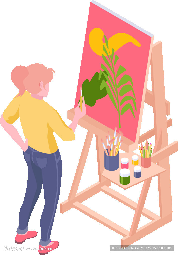 女士专注于画架前作画
