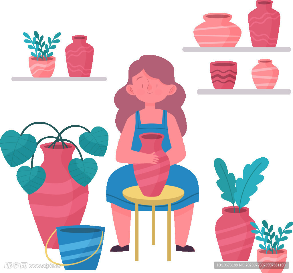 女孩专注陶艺创作场景