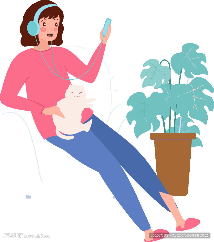 女子抱猫听音乐惬意时光