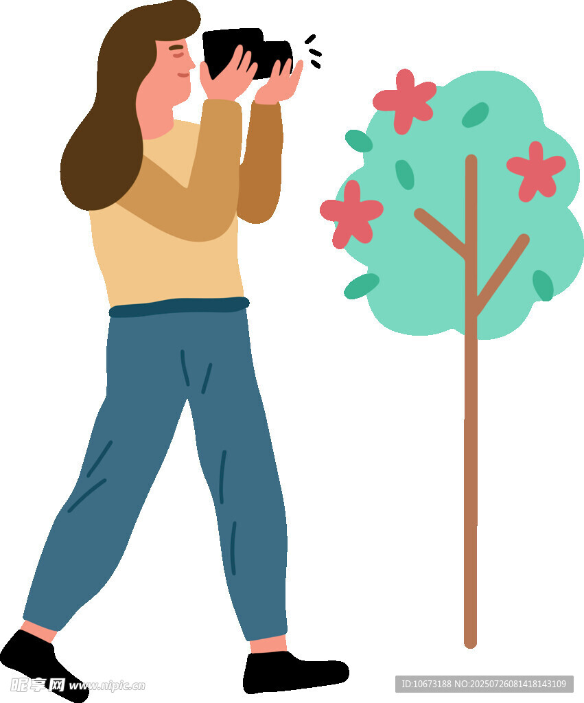 女士专注拍摄开花小树