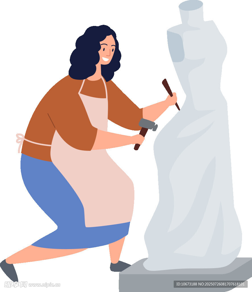 女雕塑家专注雕琢石像