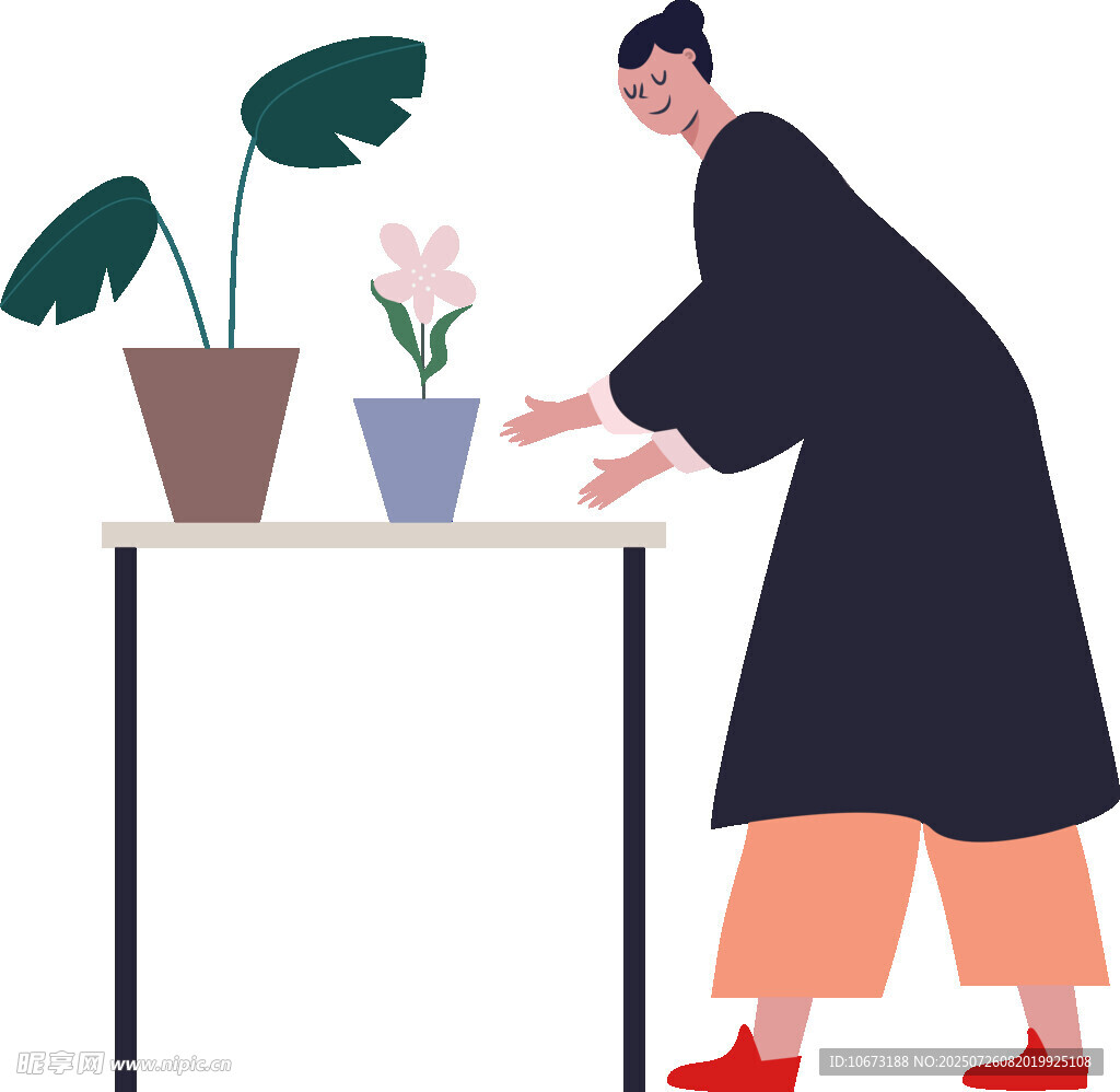 女子桌边细心照料盆栽